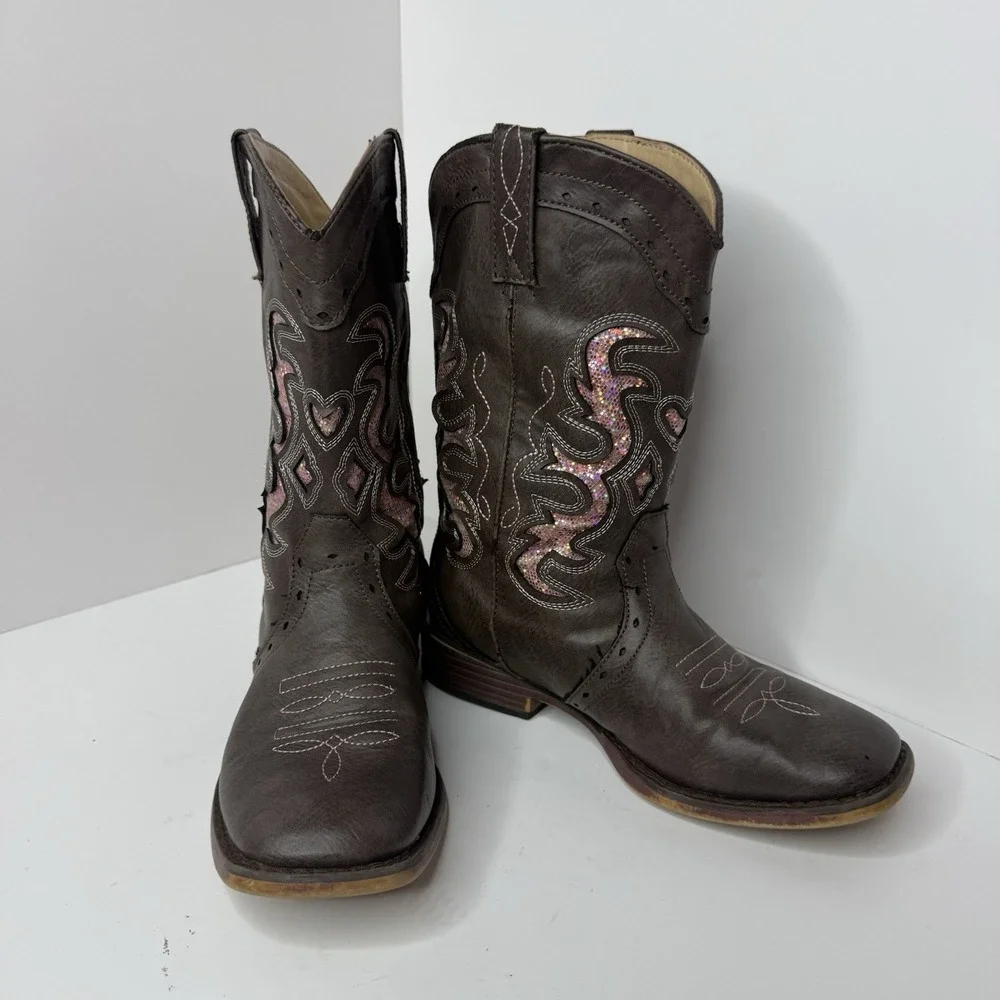 Kids Roper Brown Western Cowgirl Boots Pink Glitter Inlay Overlay Stitching